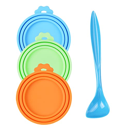 PetBonus 3-Pack Silicone Pet Can Covers, Dog Cat Food Lids, Fit Multiple Sizes - BPA Free Dishwasher Safe - Long Handle Special Curved Design Food Spoon