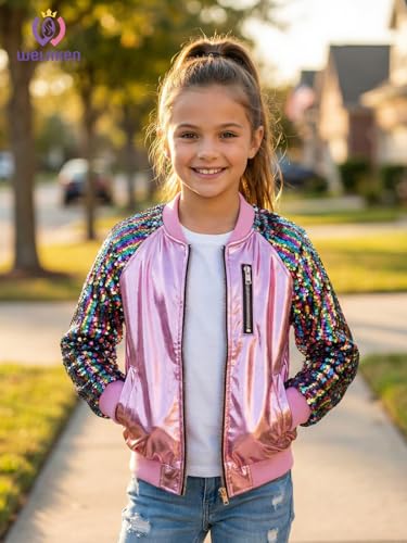 Image of WELAKEN Girls Sequin Sparkle Zip Bomber Jacket | Sequin sleeves, shiny bomber style, ribbed trim, smooth zipper and side pockets for party, dance, school and photos