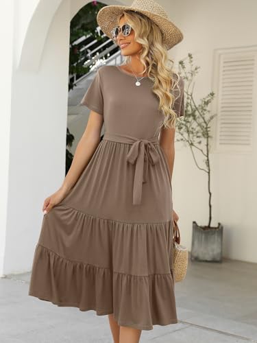 Image of Lyrur Women's Dresses Casual Summer Tiered Midi Dress Short Sleeve Belted Ruffle Babydoll Boho Sundress with Pockets