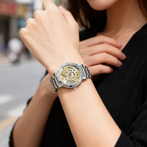 Image of Gute IK Women's Automatic Watch, Steampunk Self Winding Mechanical Silver Bracelet Women Wrist Watch