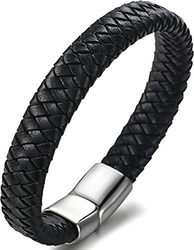 Preisvergleich Produktbild Geflochtene Armbänder für Herren, Richaa Armreifen mit Magnetverschluss aus schwarzem Retro-Leder und Geschenkbox für den Liebhaber eines Ehemanns, 22 cm