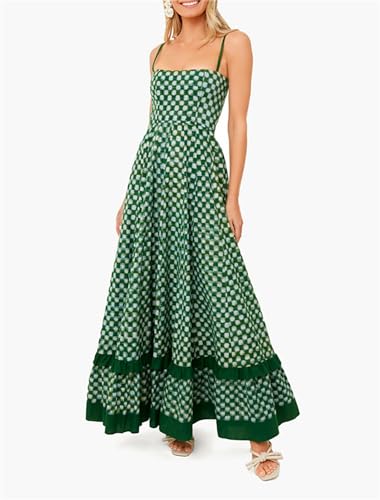 Image of Yuemengxuan Boho Maxi Dresses for Women Spaghetti Strap Flowy Smocked Long Dress Casual Summer Vacation Beach Maxi Dress