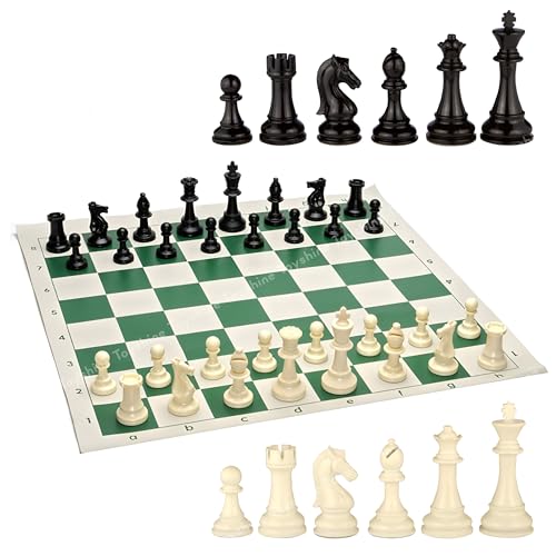 Image of Toyshine 17 inch X 17 inch Tournament Chess Set with Plastic Chessmen and Green Roll-Up Vinyl Mat (SSTP)