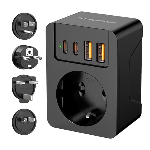 Adaptador Enchufe Universal, THUNIX Adaptador de Viaje con 2 USB-C(PD 20W) y 2 USB-A, Enchufe de Viaje Universal Travel Plugs para EU, Reino Unido, Americano, Canadá, Japan, Más de 180 Países(Negro)