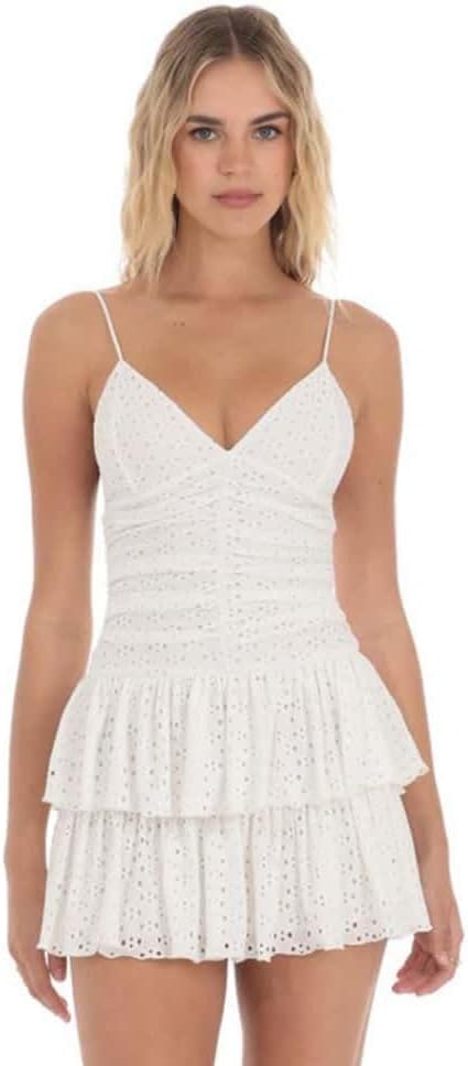 YOXUA Women's Deep V-Neck Spaghetti Strap Casual Tiered Mini Dresses Summer Layer Ruffle Hem Short Dress - Image 2