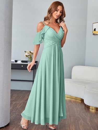 Off The Shoulder Bridesmaid Dresses for Women Chiffon Ruched A Line Formal Party Dress with Slit3