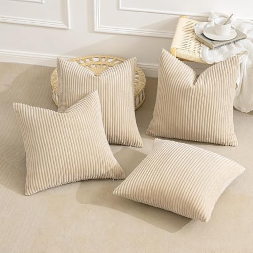 Image of MIULEE Boho Farmhouse Throw Pillow Covers 20x20 Inch Set of 4 Mordern Nordic Cushion Covers Soft Corduroy Spring Home Decor for Couch Bed Sofa Living Room Beige