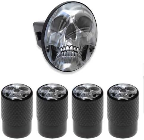Tow Hitch Cover Insert Plug for Truck & SUV + Valve CAPS for Silver Skull FACE Model-PYT-8888-4622