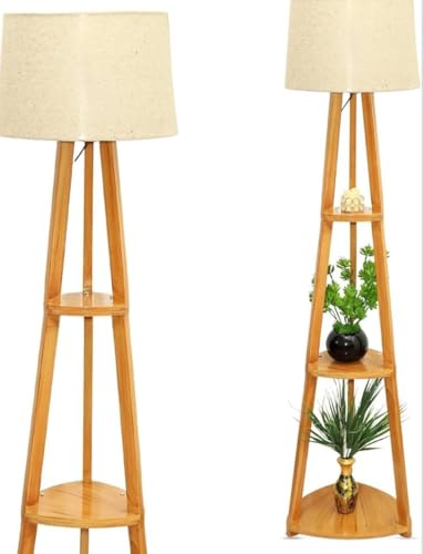 Image of Modern Tripod Floor Lamp with Shelves, Natural Jute Shade, Wooden Stand,Living Room Decorative Light with LED Bulb, Energy Efficient Uplight