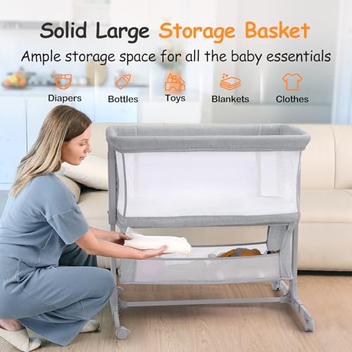 Growaystory Beistellbett Baby Bettseitiger Bassinet für Neugeborene Tragbarer Baby Bett mit Rädern Aufbewahrungskorb Matratze 7-Fach Höhenverstellbar Zustellbett (Hellgrau)