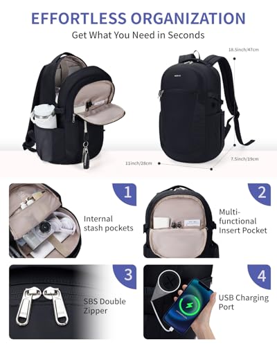 Image of ECOHUB Large Travel Backpack 17.3 inch Suspended Laptop Backpack Fashion Water-Resistant 28L Lightweight Backpack for Causal Work Black