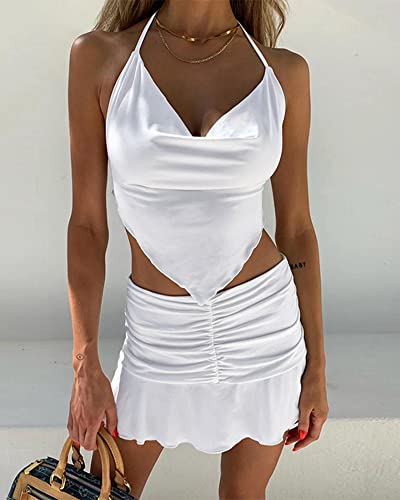 Women Girl Ruched Ruffle Pleated Skirts High Waisted Stretch Y2K Fashion E-Girls 90S A-Line Mini Skirt (1-White,Small) #TOP2