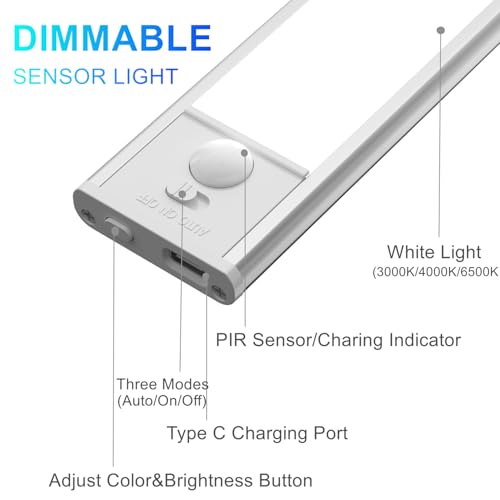 Image of BLE Lighting under cabinet lighting, 2 pack Motion Sensor Lights Indoor,Rechargeable Closet Lights Battery Operated,3 color Dimmable cabinet lights, under cabinet lighting wireless for kitchen,Hallway
