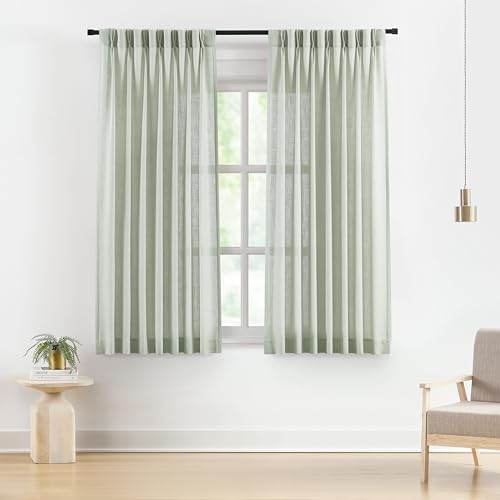 Image of Vision Home Light Green Pinch Pleated Semi Sheer Curtains Textured Linen Blended Light Filtering Window Curtains 72 inch for Living Room Bedroom Pinch Pleat Drapes with Hooks 2 Panels 40 inch Wx72 L