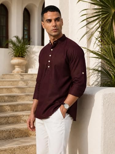 Image of Majestic Man Men's Pure Cotton Solid Mandarin Collar Slim Fit Roll-Up Sleeves Short Kurta Lightweight Summer Kurta for Daily & Occasion Use