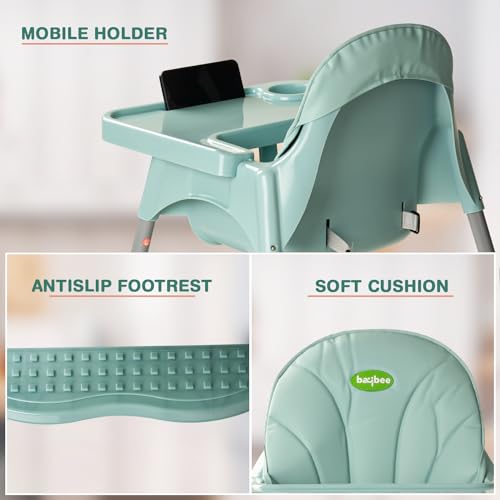Image of Baybee 2 in 1 Baby High Chair for Kids, Baby Feeding Chair with 2 Height Adjustable, Footrest, Tray, Mobile Stand, 3 Point Safety Belt | Kids High Chair for 6 Months to 3 Years (Green)