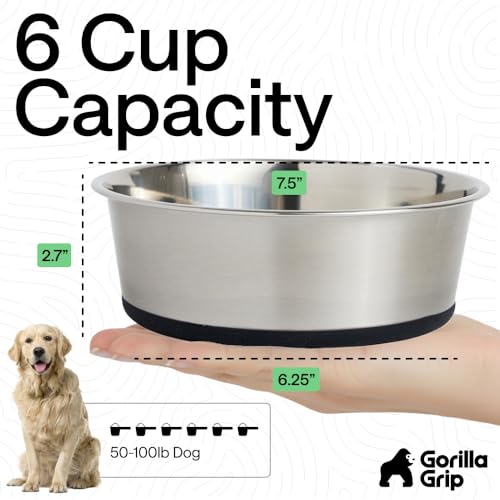 Image of GORILLA GRIP Dog Bowls, Food Grade 304 Stainless Steel, Holds 6 Cups Each (48 fl oz) Food and Water Bowl for Feeding Dogs and Cats, Dishwasher Safe, Rust Resistant, BPA Free Rubber Base Set of 2 Black