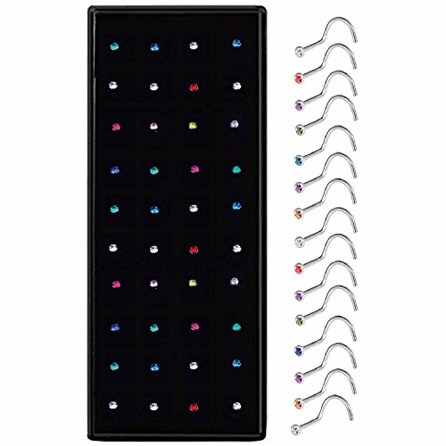 BodyJ4You Nose Screw Rings Stainless Steel 20G (0.8mm) Lot 40 Pieces with Crystal in Case Mix Colors