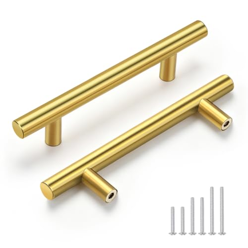 Gobrico 6 Pack 3-1/2 inch (90mm) Hole Centers Cabinet Handles, Brushed Gold Cabinet Pulls, Stainless Steel Round Kitchen Cabinet Handle, Brushed Brass 6'' Overall Length Drawer Pull