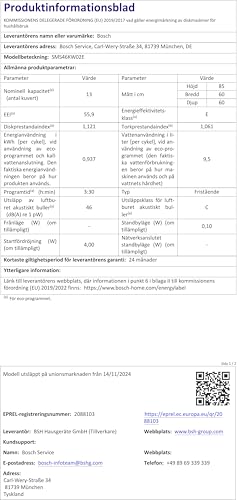 Bosch - Lave-vaisselle libre, 60 cm de large, 13 services, silencieux, programme rapide, troisième plateau à couverts, blanc, SMS46KW02E