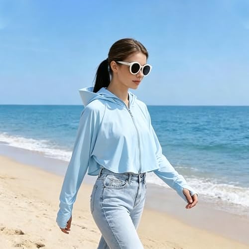 Image of Womens Sunscreen Hoodie Jacket /Shirt UPF 50+ UV Protection from Sun & Pollution with Wide Brim Hat Face Mask Lightweight Full Zip for Outdoor Running Hiking