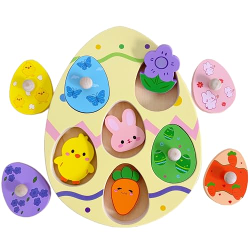 Easter Wooden Peg Puzzle for Toddlers, 6 Colors & Shape Matching Pieces, Montessori Educational Toy for Fine Motor Skills, Age 1-3