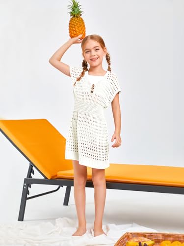Image of Haloumoning Girls Crochet Swim Beach Cover Up Kids Fashion Button Short Sleeve Swimsuits Cover Ups 5-14 Years
