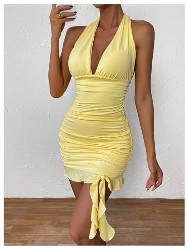 Image of Floerns Women's Sleeveless Halter Neck Tie Back Ruffle Hem Party Mini Dress