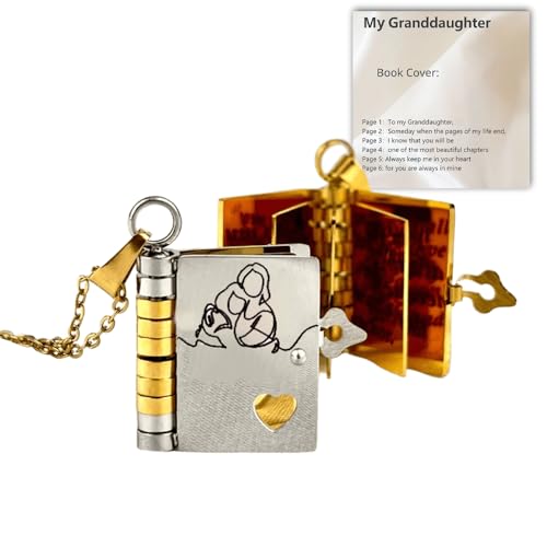 For Granddaughter - The Most Beautiful Chapter Book Necklace,Granddaughter Gifts from Grandma,Adjustable 925 Sterling Silver Book Pendant Granddaughter Necklace,with 6 Pages Engraved Information