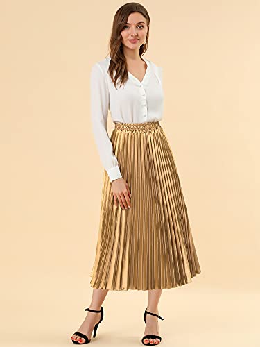 Allegra K Women's Party Elastic Waist Metallic Shiny Accordion Pleated Midi Skirt Large Gold #TOP2