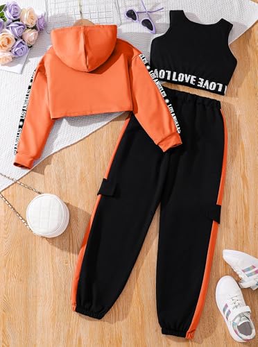 Image of Hilinker Girls Graphic 3 Piece Outfits Workout Hoodie Crop Tank and Sweatpants Set