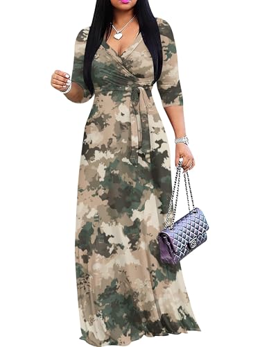 Image of Plus Size Dresses for Women Print Maxi Dresses 3 /4 Sleeve with Belt