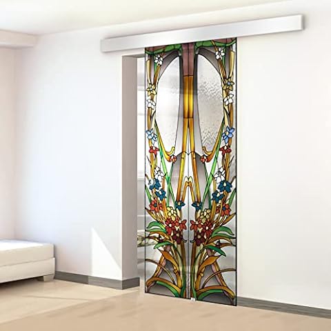 Stained Glass Sliding Door for Interior Hand-Painted Model ALPESH colourfull 85x215 cm 8 mm Clear Glass Cover