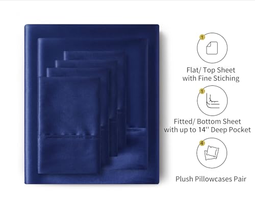 Image of Lanest Housing Silk Satin Sheets, 6-Pieces King Size Satin Bed Sheet Set with Deep Pockets, Cooling and Soft Sheets King - Navy Blue