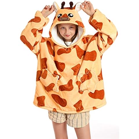 Kids Oversized Hoodie Blanket Fleece Sherpa Snuggle Sweatshirts Cute Animals Pattern Fluffy Pullover Ultra Soft Winter Warm Wearable Blanket for Boys Girls (Giraffe) Cover