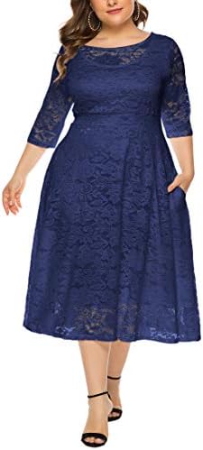 Eternatastic Womens Scooped Neckline Floral lace Top Plus Size Cocktail Party Midi Dress 3XL Deep Blue