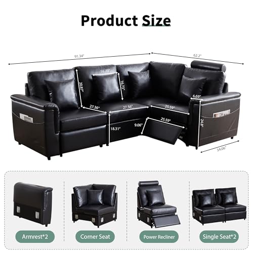 Image of RARZOE Faux Leather Sectional Sofa with Power Recliner, L Shaped PU Leather Reclining Couch with Headrest, 4 Seater Oversized Modular Reclining Couches for Living Room, Black