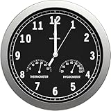 DESIGN: Les horloges murales pilotées par un signal radio sont très populaires. Ce sont de magnifiques pendules murales pour les chambres d'enfants, pour le salon, le bureau ou la cuisine. Cette horloge moderne est ronde, intemporelle, avec des grands chiffres arables bien lisibles. Le thermomètre et l'hygromètre sont situés à droite et à gauche dans le tiers inférieur de l'horloge murale décorative. Cette pendule murale ronde est disponible en noir ou blanc.