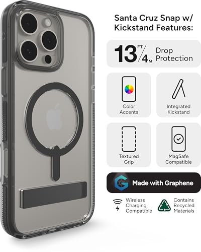 Image of ZAGG Santa Cruz Snap with Kickstand Case for iPhone 16 Pro Max - MagSafe Compatible, 13ft Military-Grade Drop Protection, Reinforced with Graphene, Clear Case with Vibrant Color Accents, Black