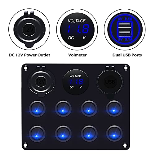 12V 8 Gang Waterproof Toggle Switch Panel, Kaolali Marine Ignition Rocker Switch Panel Usb On-Off Toggle Switch Multi-Functions Panel For Rv Car Boat Vehicle (Blue Led) #TOP2