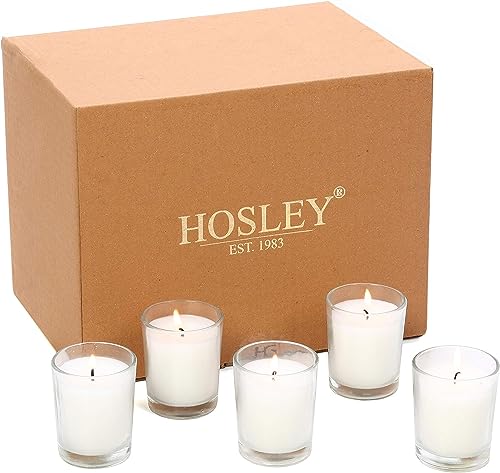 Image of Hosley 20-Pack Ivory Unscented Votive Candles in Clear Glass Holders - Long Burn Time Hand Poured Wax for Weddings and Home Decor