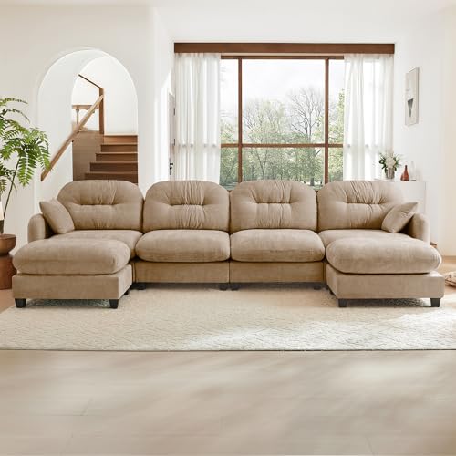 Image of KEIKI 140 inch U-Shaped Oversized Chenille Modular Sectional Sofa with 2 Ottoman, High-Density Foam Cushions, Tufted Pleated Cushion Backrest, Modern 4-Seater Couch with 2 Pillow, for Living Room, Camel