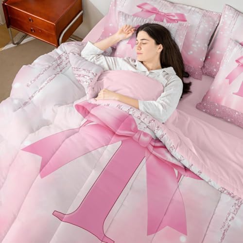 Image of Feelyou Boys Girls Pink Bowknot 7 Pieces Bedding Set Full Size, Personalized Initial T Comforter Set with Sheets Princess Glitter Bed in A Bag Kids Bow Monogrammed Teens Bed Set Bedroom Decor 7Pcs