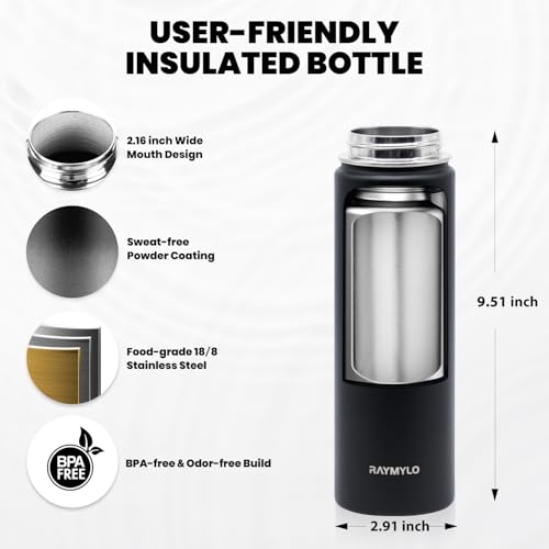 Image of RAYMYLO Insulated Water Bottle 20 oz, Triple Wall Vacuum Stainless Steel (Cold for 24Hrs, Hot for 12Hrs), Leak Proof & Non-BPA, Modern Water Bottle Jug for School with Straw Spout Lids