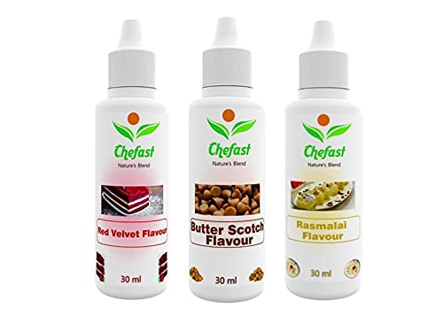 Image of Chefast Pack of 3 Baking Essence Flavour of Red Velvet , Rasmalai , Butter Scotch for Cake, Ice-Cream,Milkshakes- 30ML ( Use 2-3 Drops Essence for 250 Grm Cake) This is Flavour only, Not a Color