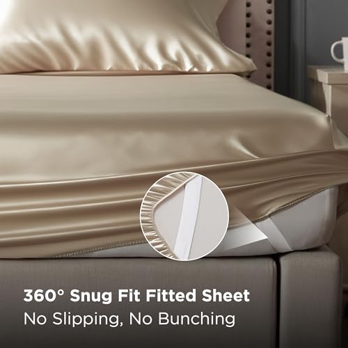 Image of Bedsure Satin Sheets Full Size, Soft Silky Bedsheets for Hair & Skin | Similar to Silk Bed Sheets Set 4 Piece with 15 Inches Deep Pocket Fitted Sheet,1 Flat Sheet, 2 Satin Pillowcases