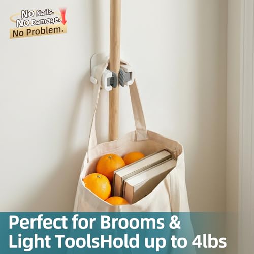 Image of TAILI Mop and Broom Holder Wall Mount Grippers, 3 Hangers and 8 Adhesive Strips, Damage Free Hanging Wall Mount, Household Cleaning Organizer for Organization and Storage, Holds up to 4 lbs, Grey