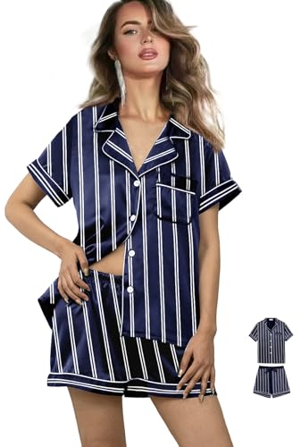 Womens Silk Satin Pajama Sets XS-2XL Sleepwear Silky Pajamas Stripe Loungewear Bridal Pjs Set