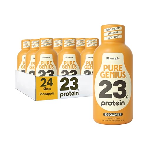 Pure Genius 23g Protein Shot Drink | 100 Calories No Sugar No Fat Whey & Collagen Gluten Free Keto Friendly No Artificial Flavors or Sweeteners TSA Size 3.38 Fl Oz Pineapple (24 Pack)