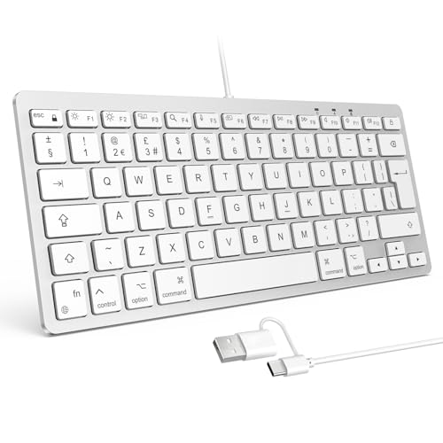 OMOTON Wired Keyboard for Mac with Dual Interface USB and Type-C Mini Keyboard Compatible with Apple Mac Pro iMac Mac Mini MacBook Pro/Air QWERTY UK Layout Silver